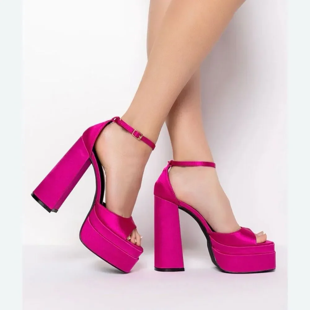 NEW Dream Pairs satin chunky platform heels pumps Size 6 fuchsia hot pink barbie
